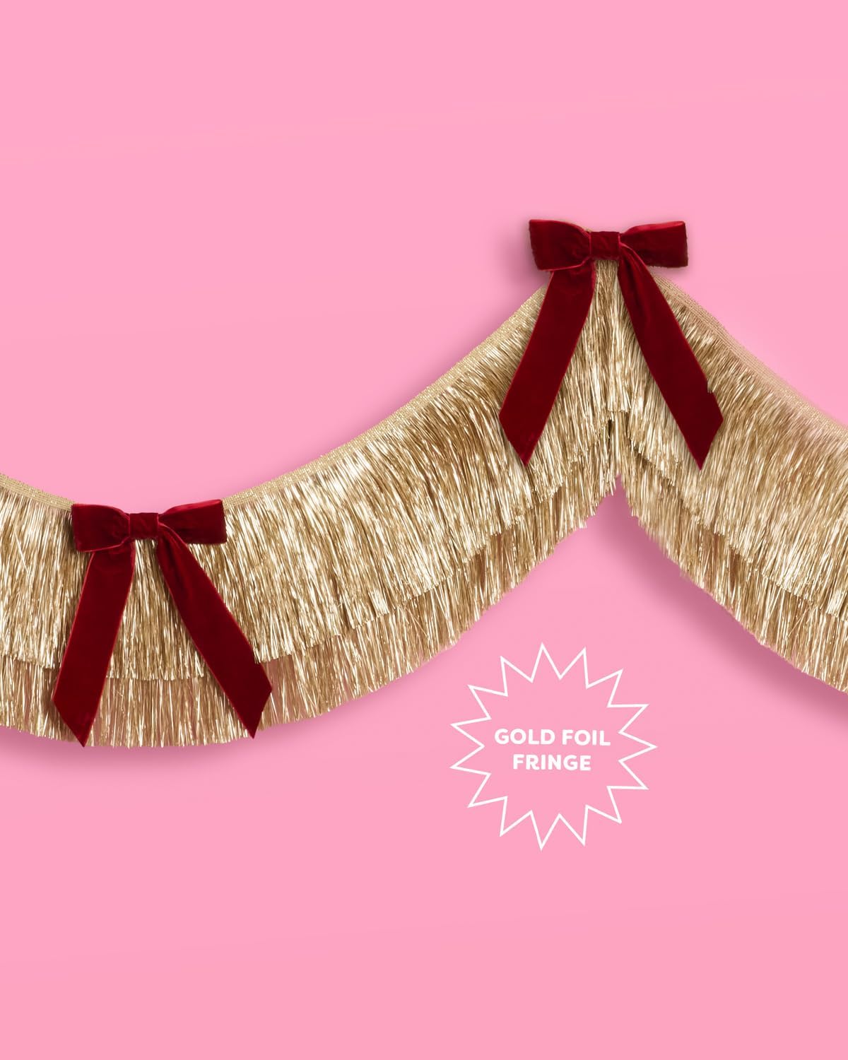 xo, Fetti Gold Fringe + Red Velvet Bow Banner 6 Ft. | Bachelorette Decoration, Christmas Party