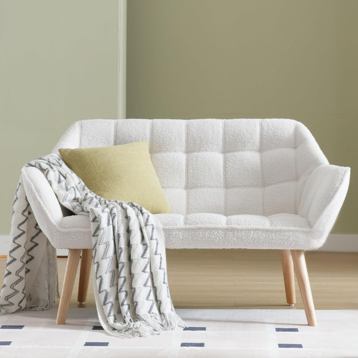 48”Small Loveseat Sofa, Modern Sherpa Upholstered Mini Couch 2-Seater Fluffy Love Seat with