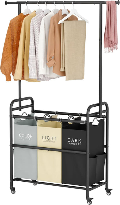 Tajsoon Laundry Sorter Cart with Hanging Clothes Rack, 3 Butler Sorter Basket Organizer, Laundry