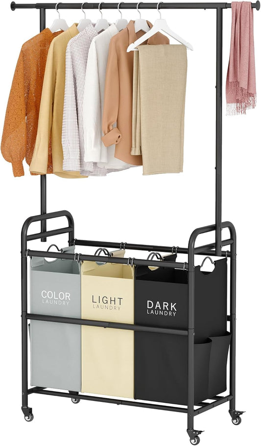 Tajsoon Laundry Sorter Cart with Hanging Clothes Rack, 3 Butler Sorter Basket Organizer, Laundry