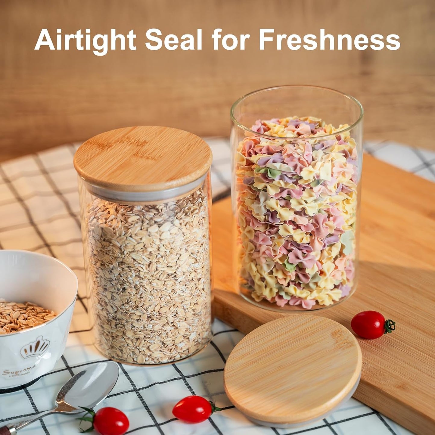 Glass Food Storage Jars 6-Pack 37oz - 4x6 in-Clear Glass Food Canisters with Bamboo Lid Airtight