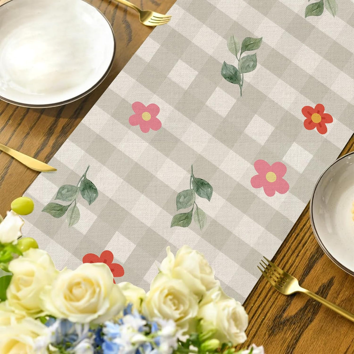 Easter Table Runner 13x72 Inch Bunny Rabbit Flowers Leaves Buffalo Plaid Eggs Seasonal Holiday