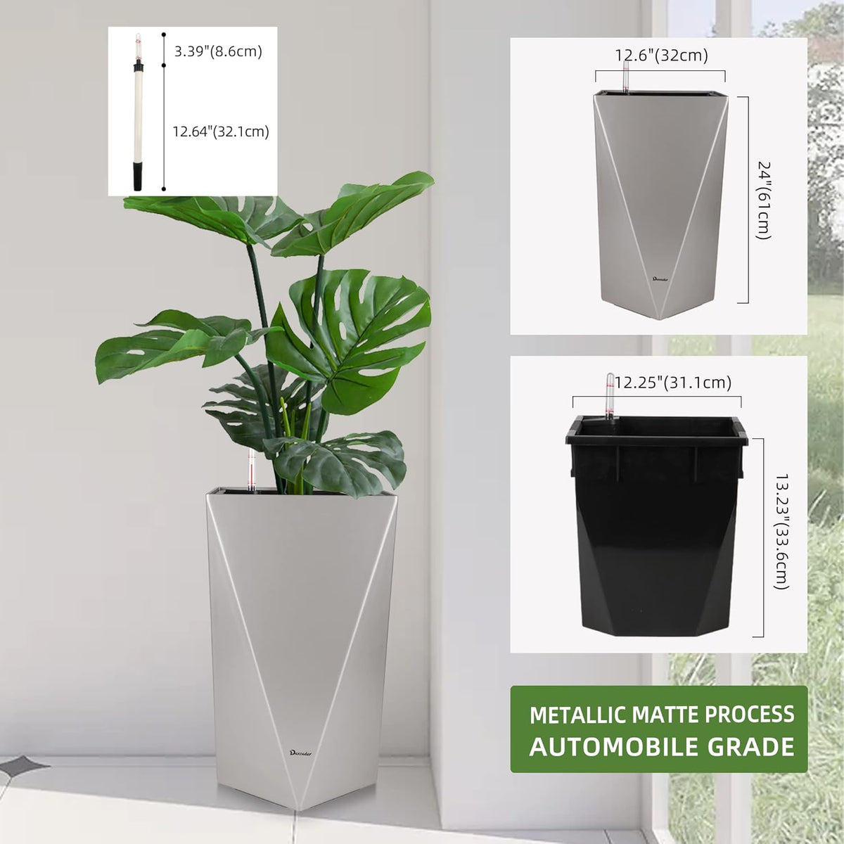 Dexceder 24 Inches Tall Self Watering Planter Diamond Metallic Matte Indoor Outdoor, Thickened