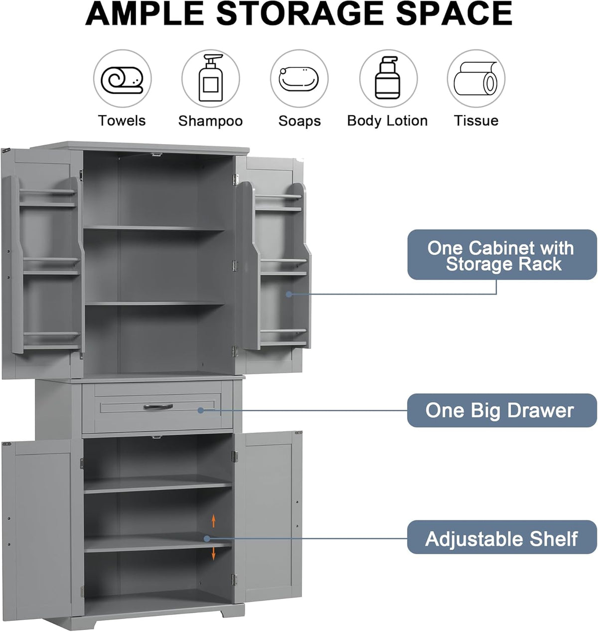 72.2" Tall Storage Cabinet with 4 Doors and Drawer, Freestanding Linen Cabinet, Wooden Pantry with