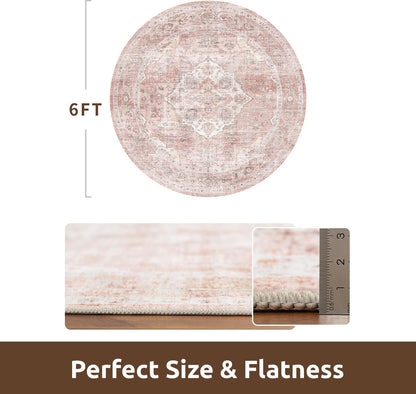 AMOAMI 6FT Round Vintage Soft Pink Rug - Non Slip Circle Machine Washable Rug for Living Room