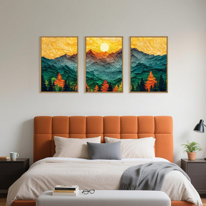 Abstract Mountain Framed Canvas Wall Art Set, Forest Pine Tree Golden Sunset Wall Decor, Mixed