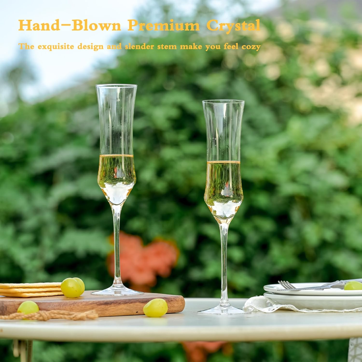Champagne Flutes Set of 6 - Hand Blown Crystal Champagne Glasses With Long Stem - 7 oz Elegant
