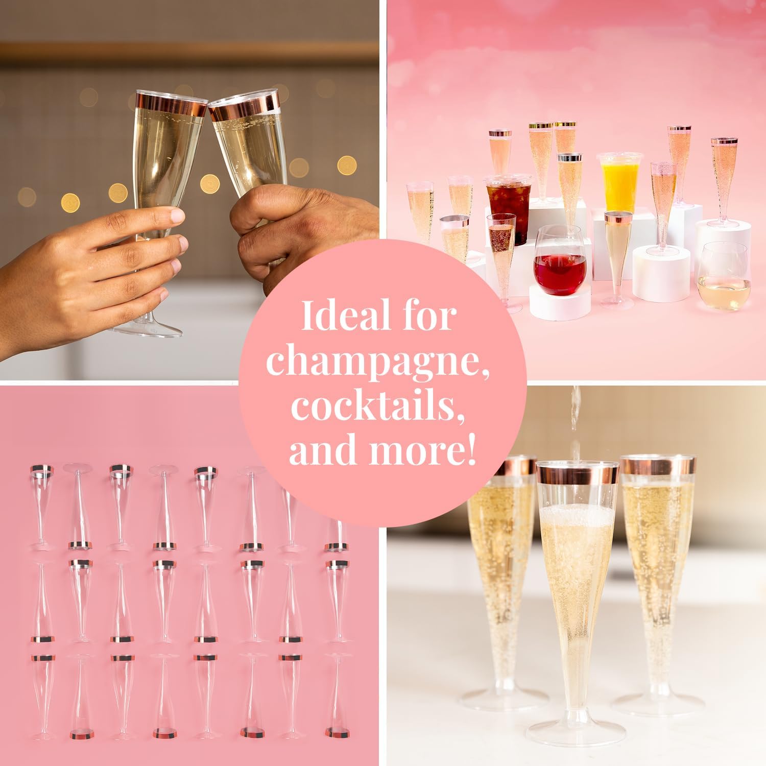 Prestee Set of 24 Plastic Champagne Flutes with Rose Gold Rim - 4.5 oz - Shatterproof Disposable