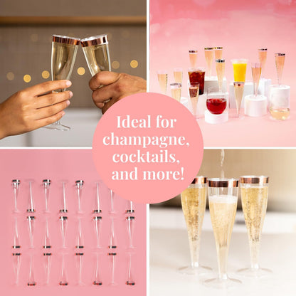 Prestee Set of 24 Plastic Champagne Flutes with Rose Gold Rim - 4.5 oz - Shatterproof Disposable
