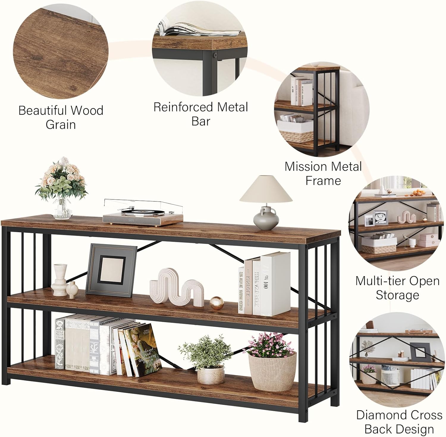 LVB Rustic Entryway Table, Industrial Extra Long Hallway Sofa Table, Wood Metal Narrow Console