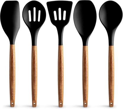 Zulay Kitchen Non-Stick Cooking Utensils Set with Authentic Acacia Wood Handles – 5-Piece Durable &