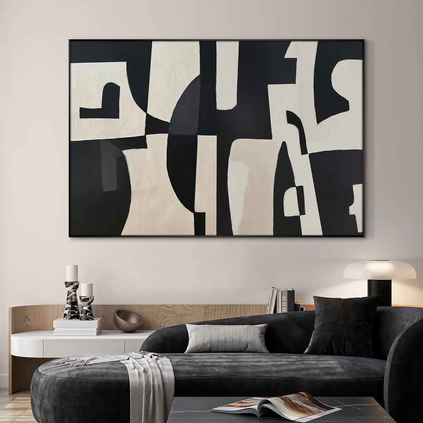 SIGNWIN 46"x72" Extra Large Framed Wall Art Black and White Abstract Geometric Design, Minimalist
