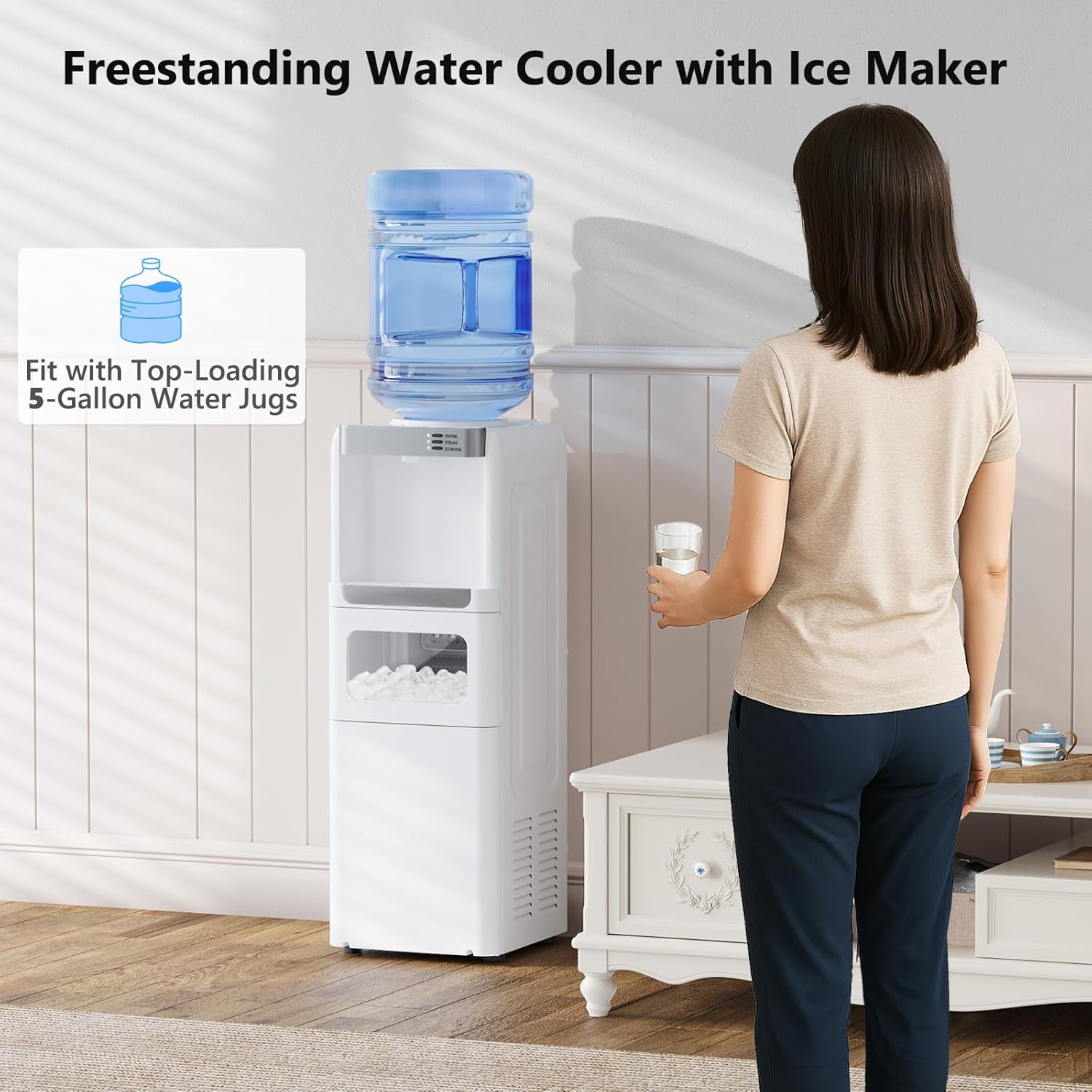 Water Dispenser with Ice Maker Function, Top Loading Hot and Cold Water Cooler for 5 Gallon Bottle