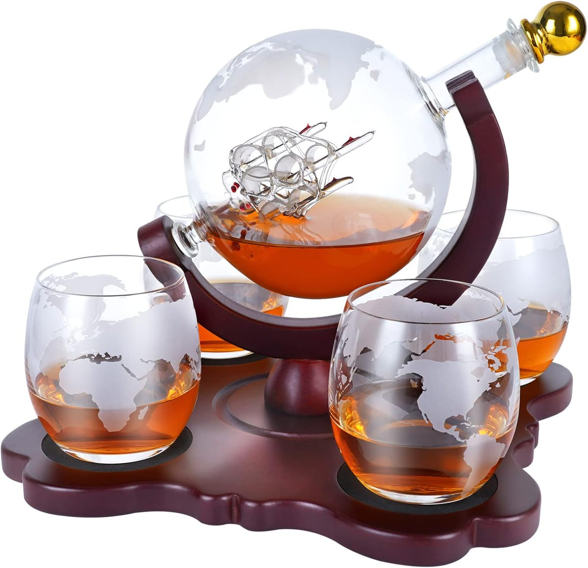 Gifts for Men Dad Husband Christmas, Whiskey Globr Decanter Set with 4 Etched Globe Glasses, Unique