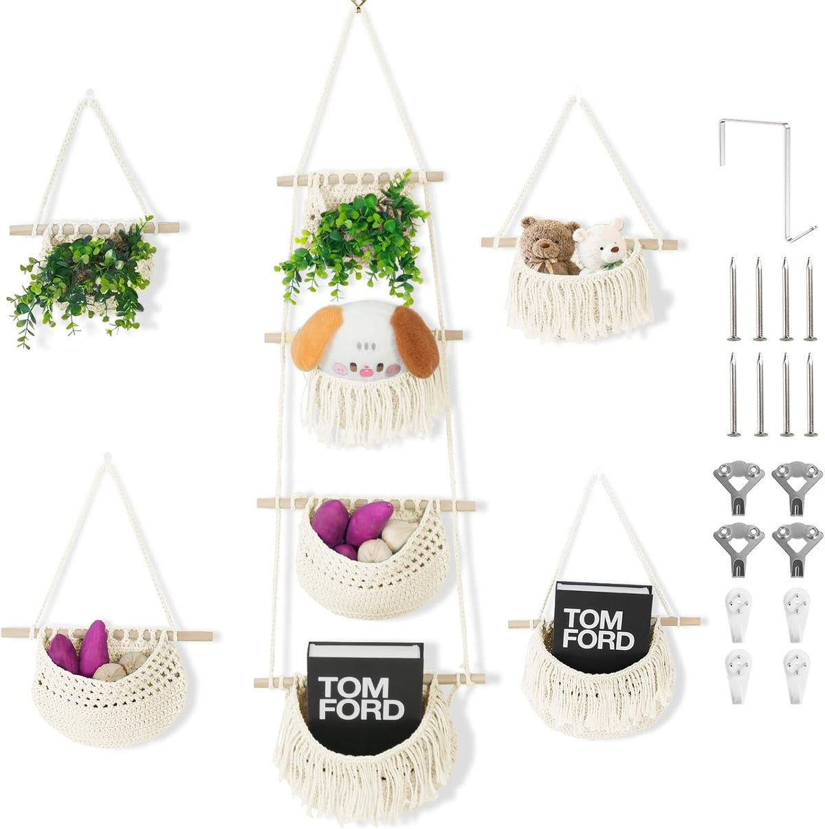 4 Tier Hanging Fruit Basket for Kitchen, Beige Boho Cotton Rope Crocheted Fruit Holder for Bathroom