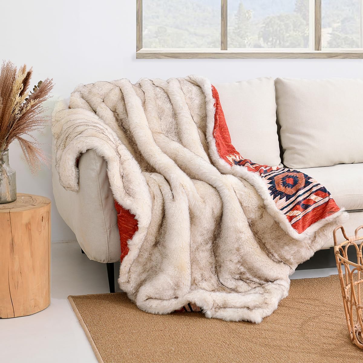 Luxury Plush Faux Fur Throw Blanket with Aztec Pattern, Super Warm, Fuzzy, Elegant, Fluffy