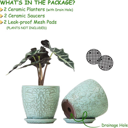 6 Inch Retro Ceramic Planter Set of 2 with Drainage Hole and Saucer for Plants, Indoor-Outdoor