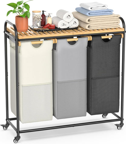 Laundry Hampers 3 Section, Laundry Sorter with Removable Shelf and Pull-Out Bags, Clothes Hampers