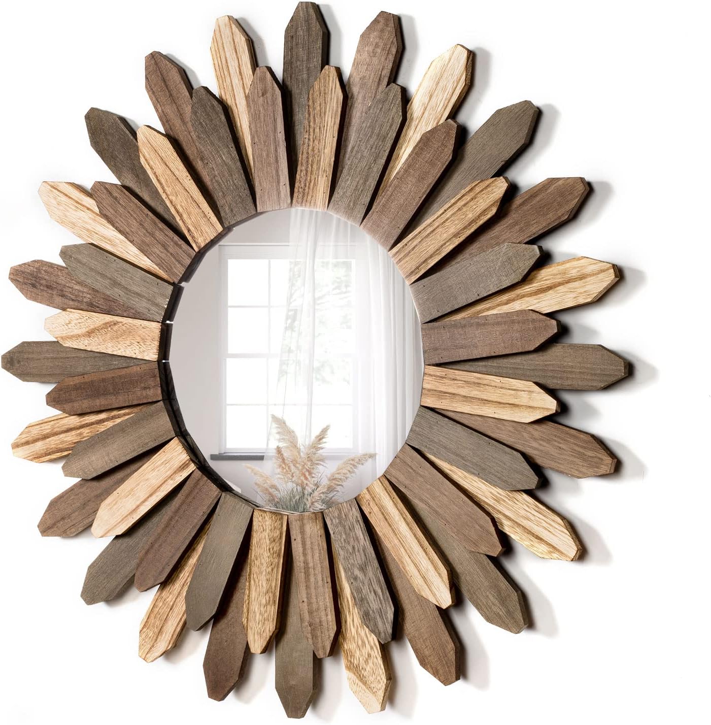 Honiway Boho Wall Decor 21 inch Wall Mirror Rustic Wood Decorative Mirror for Room Decor Rustic