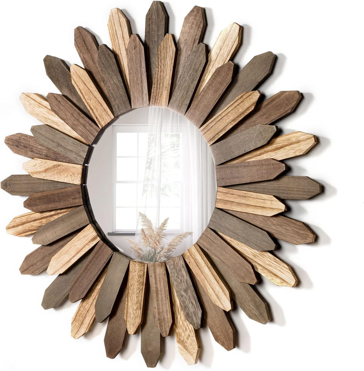 Honiway Boho Wall Decor 21 inch Wall Mirror Rustic Wood Decorative Mirror for Room Decor Rustic