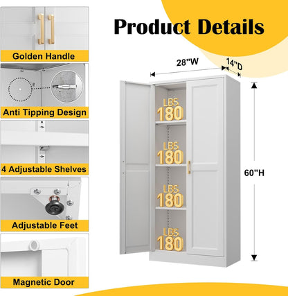 Kitchen Cabinet Storage,60”Metal Pantry Cabinet with Doors and 3 Adjustable Shelves,Food Pantry