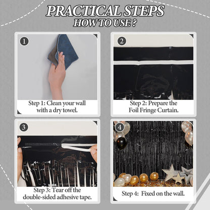 3 Pack Foil Fringe Backdrop - Black Shiny Tinsel Curtains for Party Decoration/Photo Booth Props