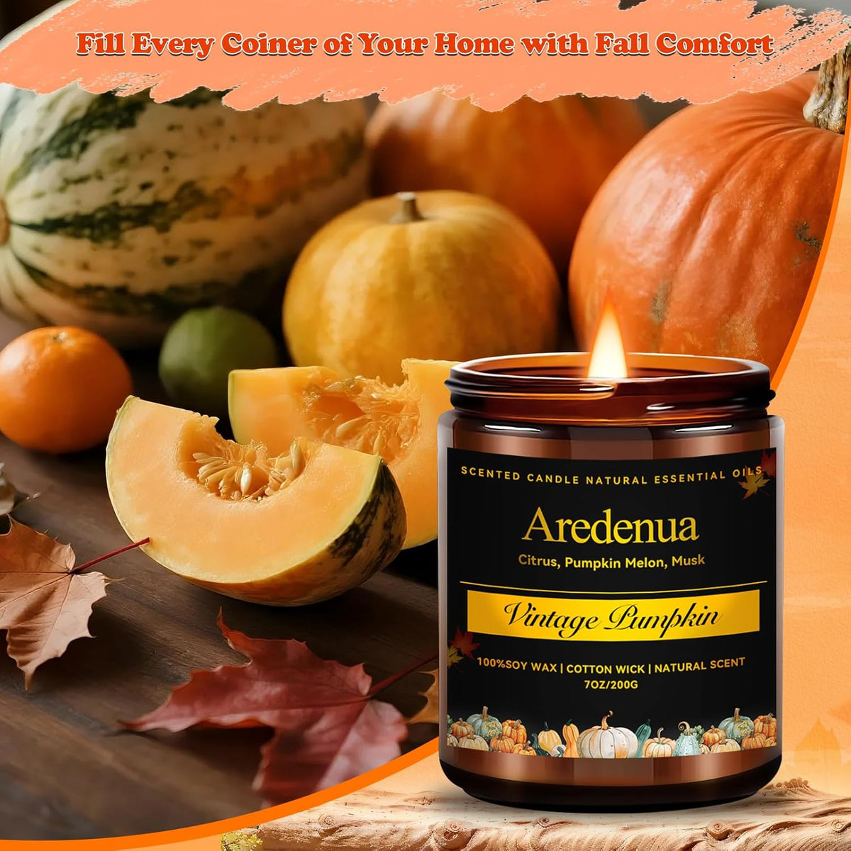 Fall Candles - Vintage Pumpkin Candle | Halloween Candles Pumpkin Scented, 7oz Autumn Soy Candle