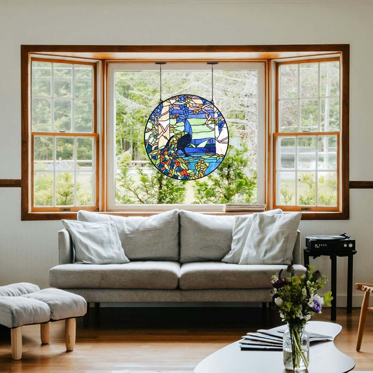 Bieye W10094 Peacock in Garden Tiffany Style Stained Glass Window Panel for Home Decor (Blue, 24"