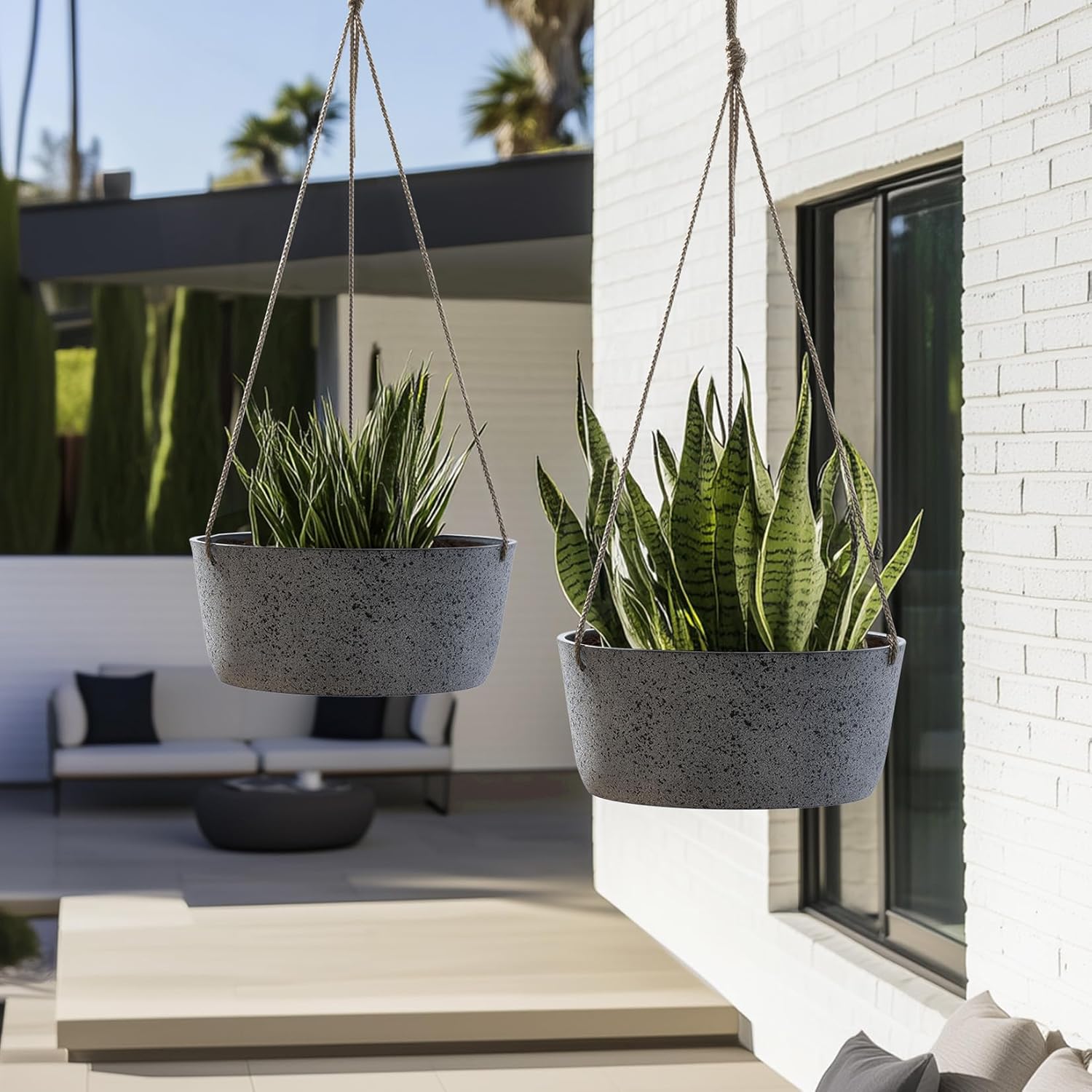 La Jolie Maison Large Hanging Planters - 12 Inch Outdoor Flower Pots, Rock Gray Hanging Garden