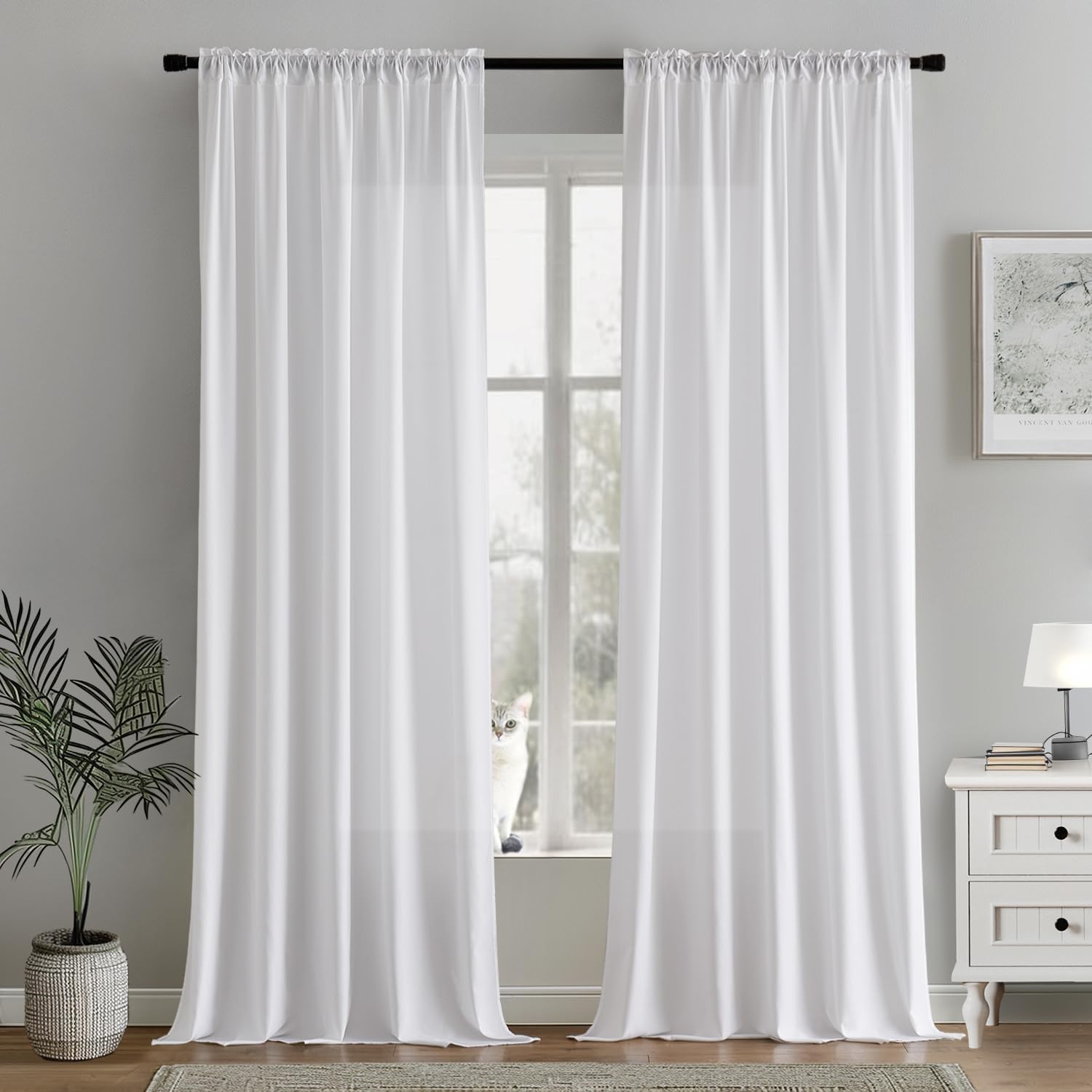 MIULEE White Privacy Sheer Curtains That Let Light in 102 Inches Long Non-See-Through Semi Sheer