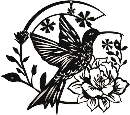SHIMANY Black Metal Wall Art - Hummingbird Hanging Wall Sculpture with Floral Design for Bedroom