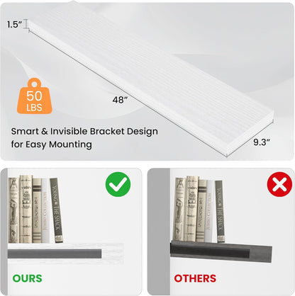 Floating Shelves for Wall,48" W x 9.3" D x 1.5" H, Wooden Wall Mounted Display Shelves with