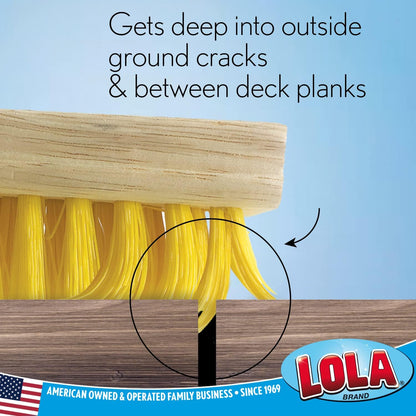 Lola Products Deck Scrub Brush Broom, 9" x 3.5" Wide, Durable Bristles Remove Dirt, Grime, Grout