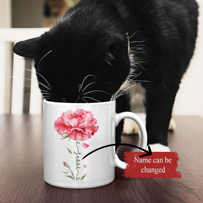 Personalized Floral Carnation Mug, Customized Name On Flower Coffee Cup, Unique Ceramic Tea Mug