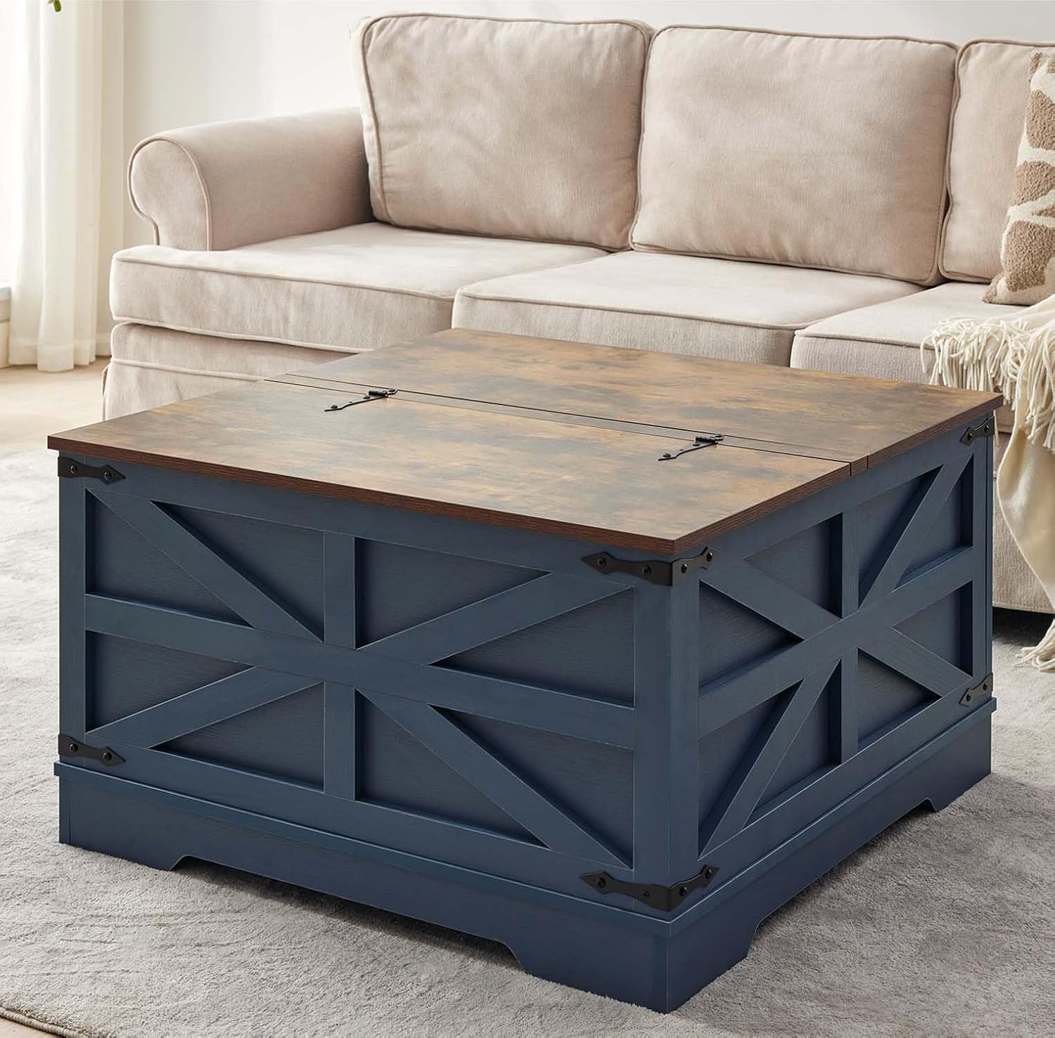 Blue Coffee Table with Storage, Cocktail Table with Hinged Lift Top, Farmhouse Square Wood Center