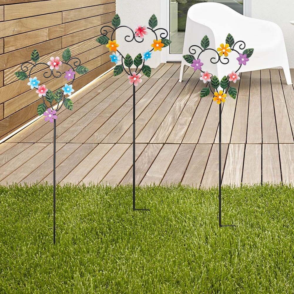 Metal Flowers Decorative Garden Stakes, 22.1 ''H Heart Shape Metal Flowers for Outside Yard Art