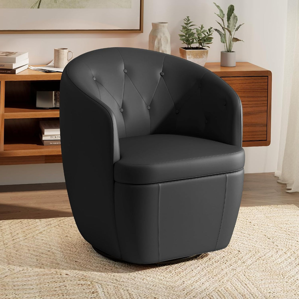 360° Swivel Leather Accent Chair, Modern Barrel Club Chair with Leather Upholstery and Sturdy Base