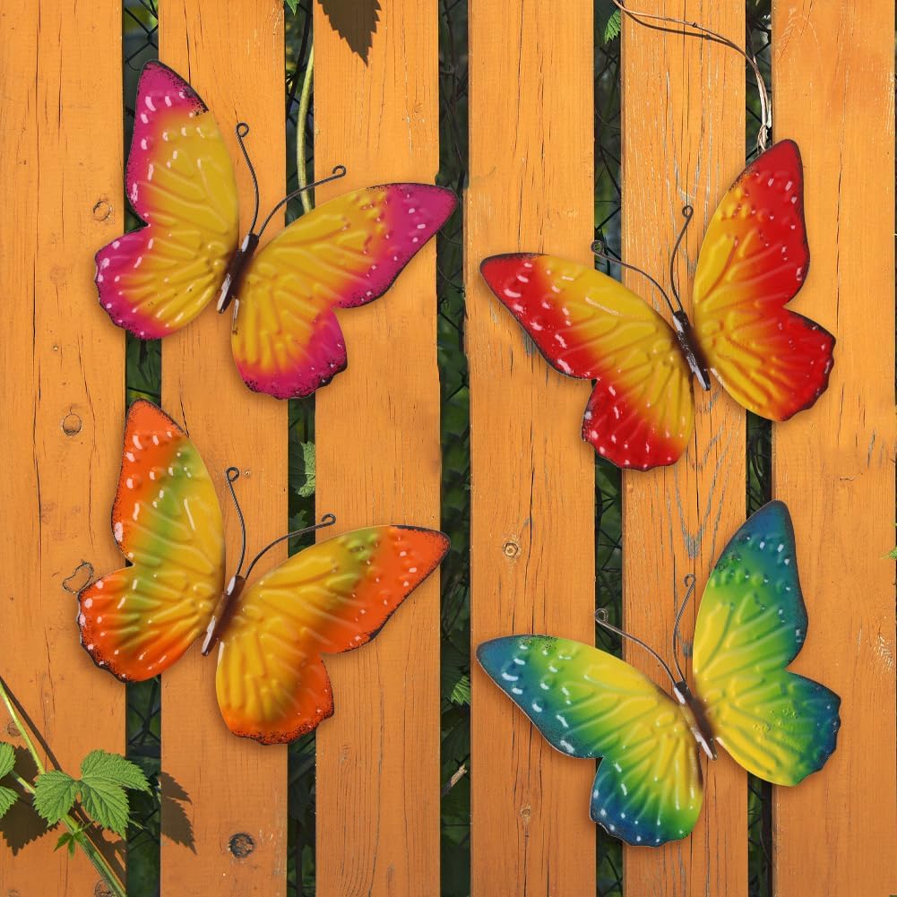 Metal Butterfly Wall Decor Art, 4 Pack Colorful Metal Butterflies Outdoor Wall Art, Hand Painted