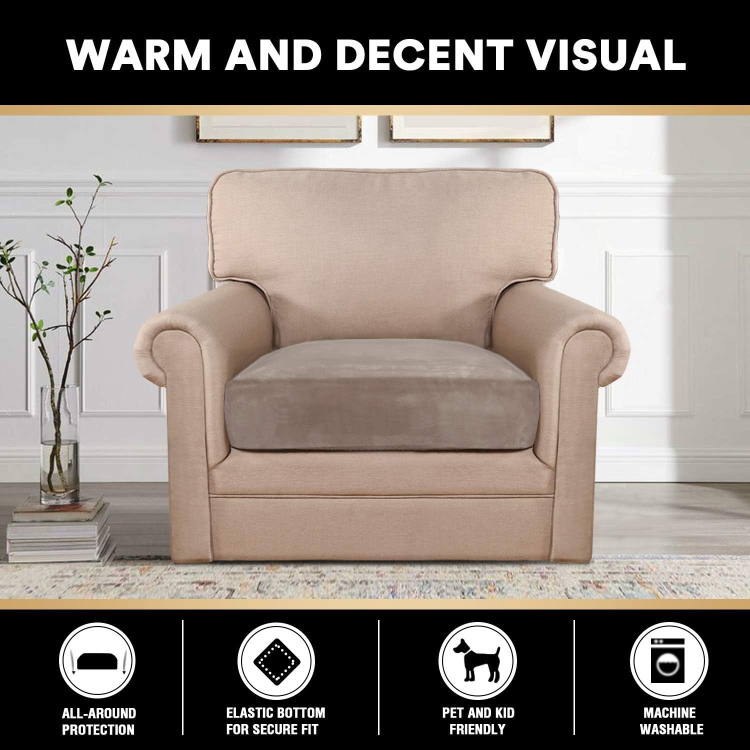 PrinceDeco Velvet Stretch Couch Cushion Cover Soft Cushion Slipcover for Chair Cushion Furniture