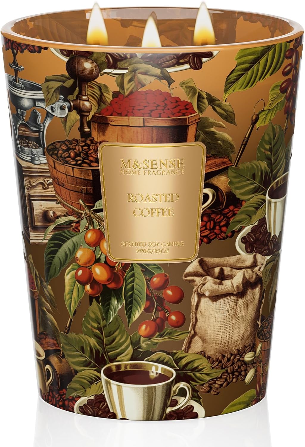 M&SENSE Roasted Coffee Scented Candle, 3 Wick Soy Natural Wax Candles, 35oz 150H Long Lasting