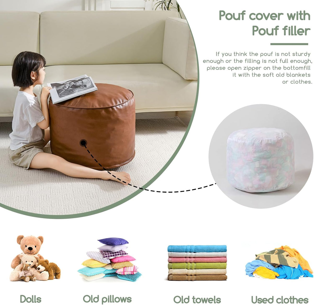 HIGOGOGO Round Stuffed Pouf Ottoman, Pu Leather Poufs with Foam Chunk Filling, Furry and Fluffy