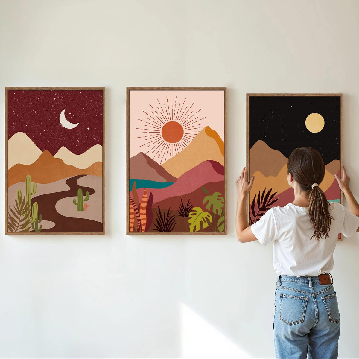 SIGNINART Boho Desert Framed Canvas Wall Art Set of 3, Colorful Sun and Moon Art Prints, Bohemian