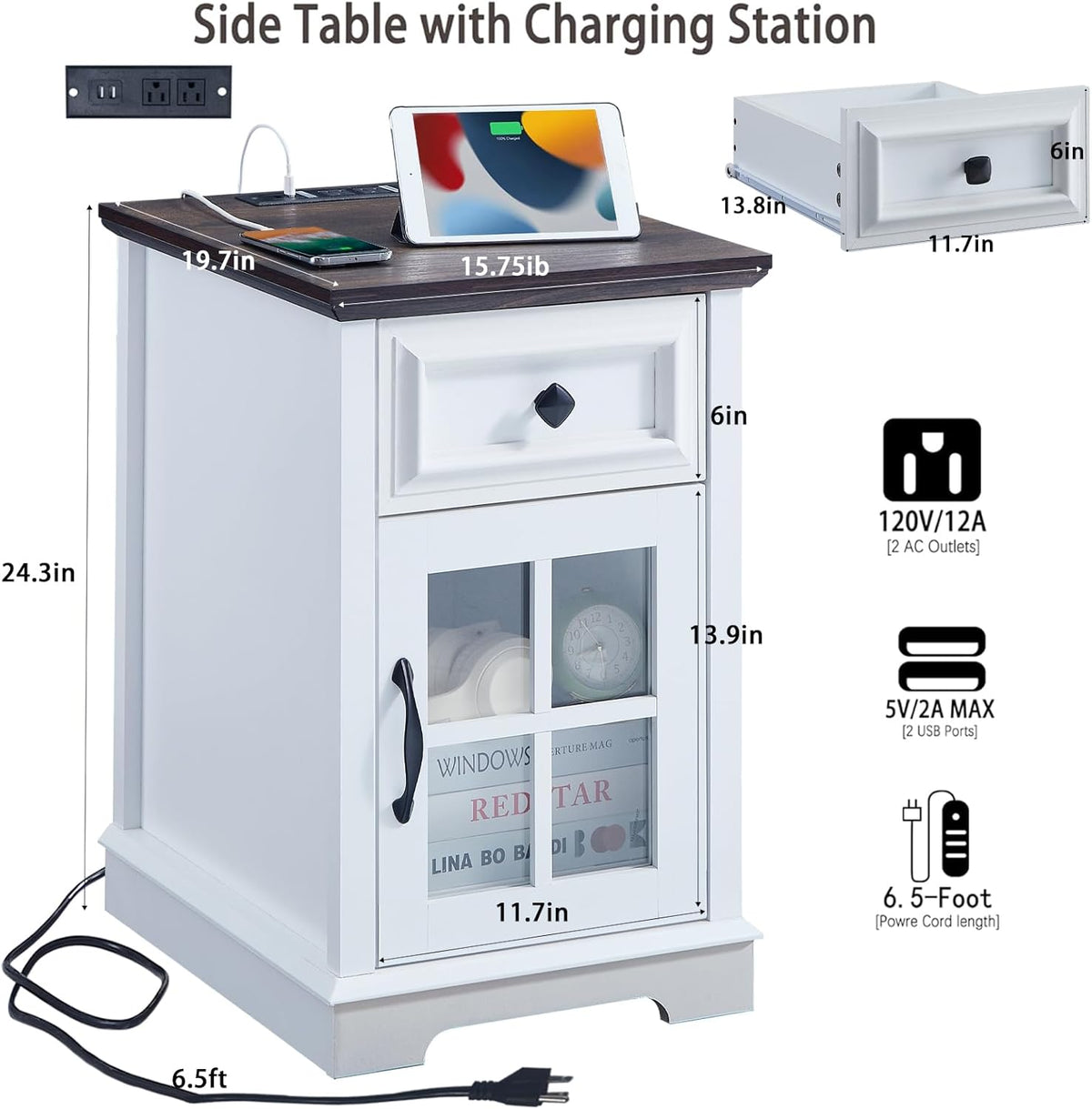 Farmhouse XXL End Table with Charging Station, Side Table with USB Ports and Outlets, Nightstand