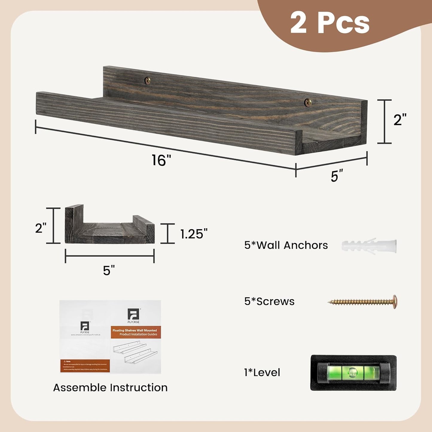 Picture Ledge Wall Shelves 16 inch Width Set of 2, Solid Pine Wood Rustic Floating Ledge Shelves