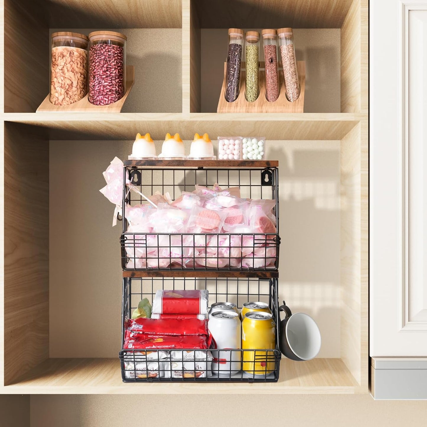 2pcs Fruit Basket Kitchen Storage Basket with Wood Lid, Stackable Wall Basket Fruit Basket for