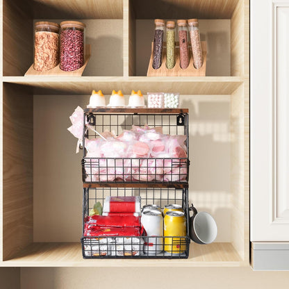 2pcs Fruit Basket Kitchen Storage Basket with Wood Lid, Stackable Wall Basket Fruit Basket for