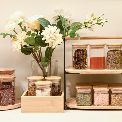 Glass Food Storage Jars Square 6oz, 16 Pack Glass Jars With Bamboo Lids, Kitchen Storage Containers