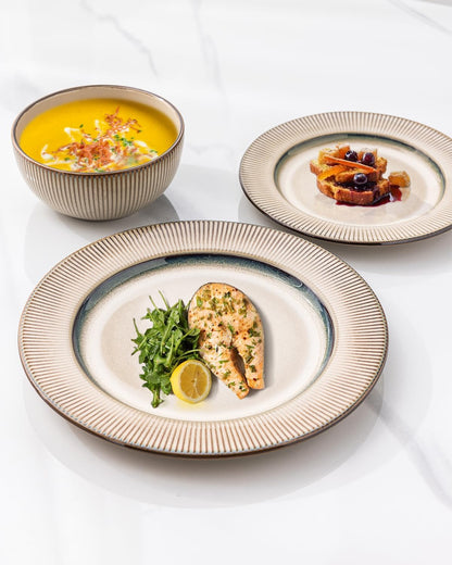 GBHOME Ceramic Dinnerware Sets, 18 Piece Embossed Elegant Stoneware Plates and Bowls Sets