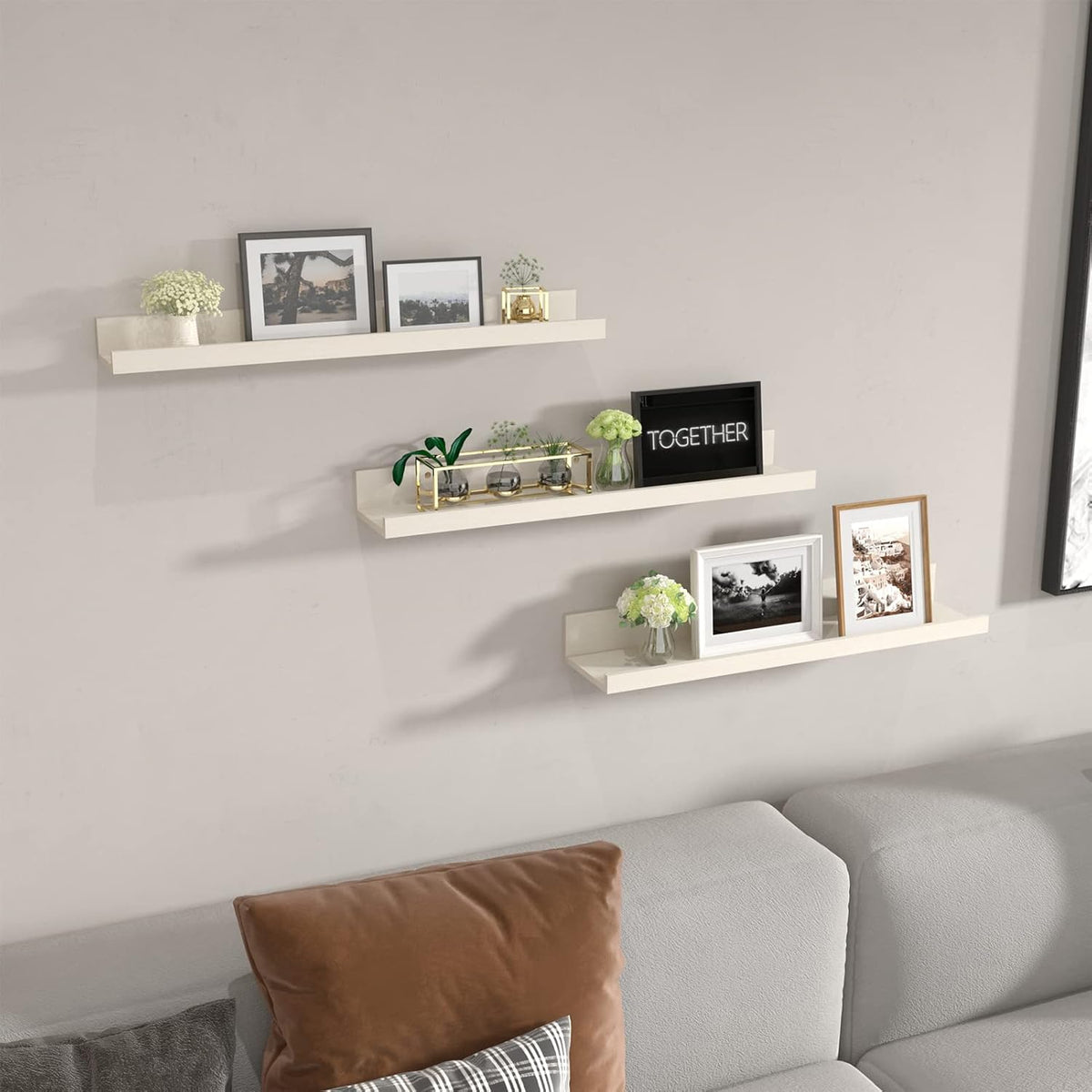 Giftgarden 24 Inch Floating Shelves for Wall, Creamy White Beige Wood-Grain Wooden Shelf Ledge for
