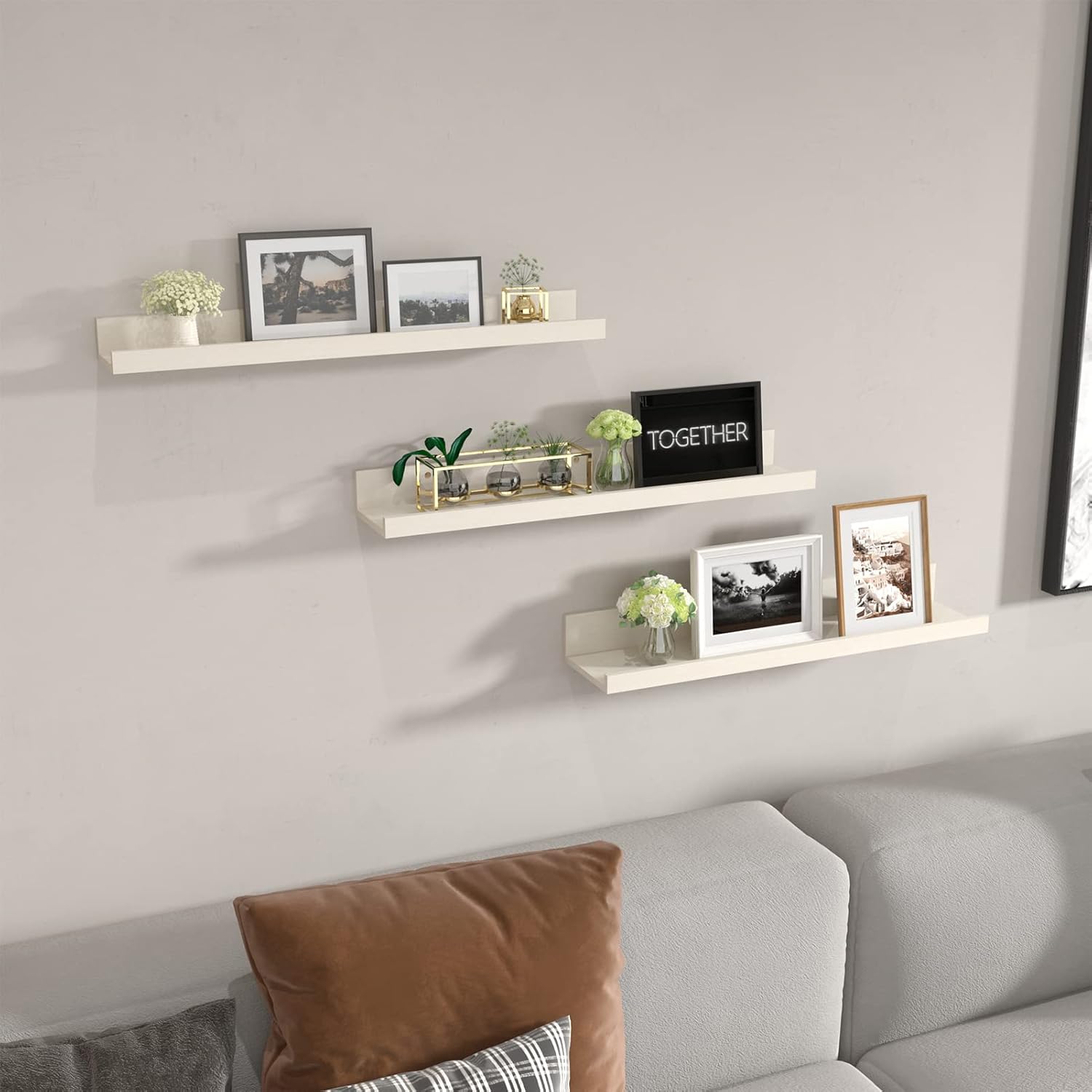 Giftgarden 24 Inch Floating Shelves for Wall, Creamy White Beige Wood-Grain Wooden Shelf Ledge for